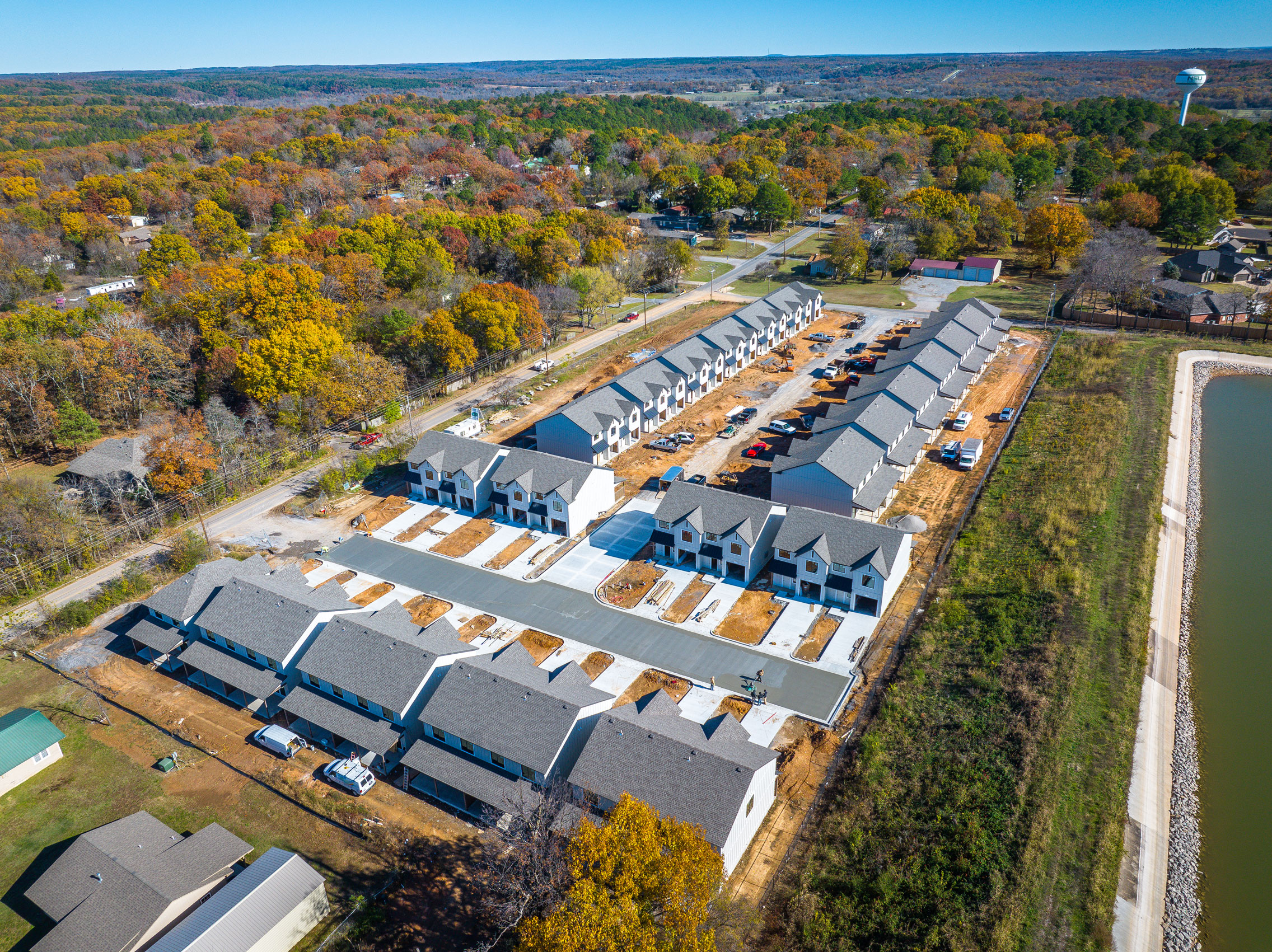 Aerial view of Rivercrest Residences townhome community in Tahlequah, Oklahoma, under construction.