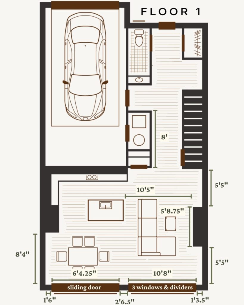 Top-down floor plan of a one-story home showing a left-side attached garage, entry foyer, kitchen with island, dining area with a table and chairs, and a living area with a sofa; measurements and door/window placements labeled along the walls.